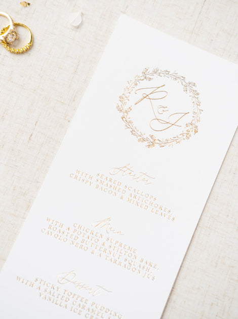 Monogram Wreath Wedding Menu Cards | Eliza May Prints