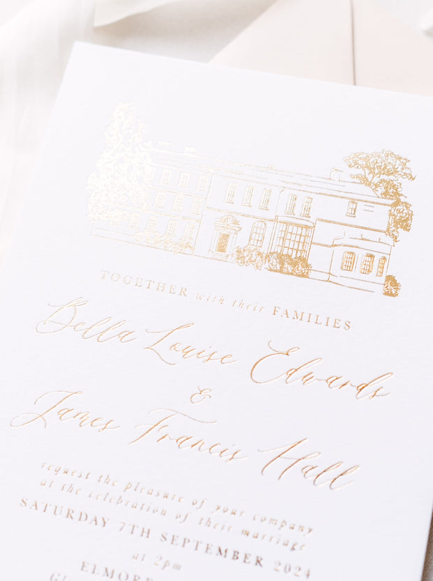 Gold Foil Venue Illustration Wedding Invitation