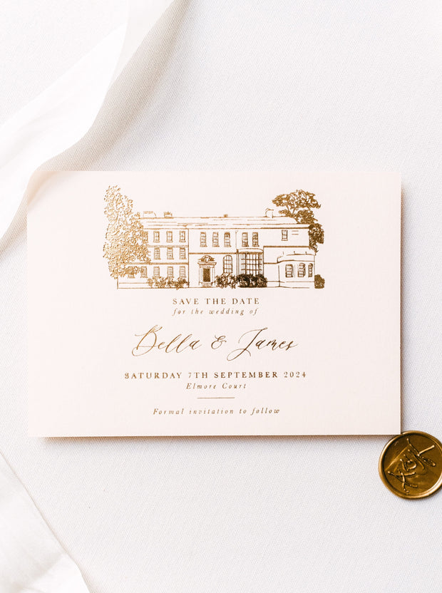 Elegant save the date card featuring a detailed wedding venue illustration pressed in gold foil.