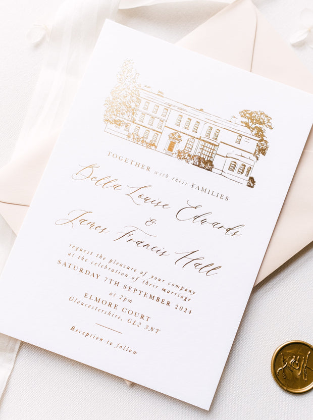 Wedding Venue Invitation in Gold Foil